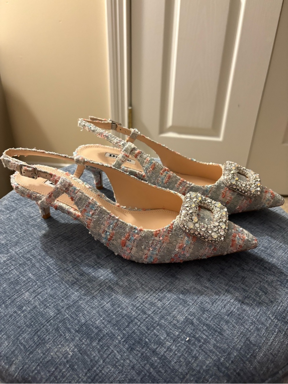 Dune London Pastel Tweed Slingback Kitten Heels with Crystal Buckle
